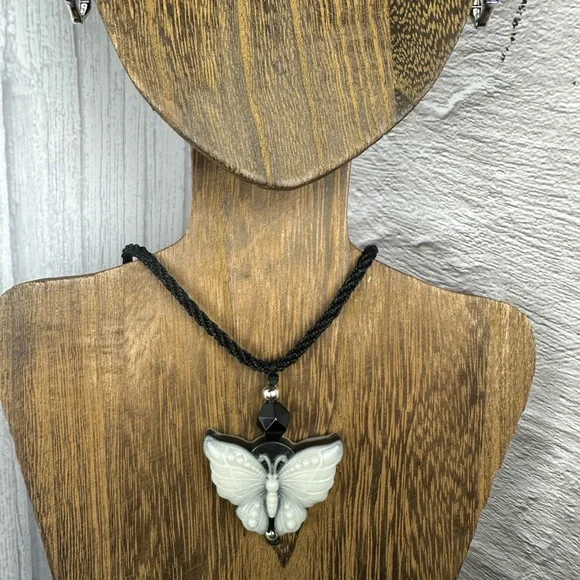 Tai Chi Stone Butterfly Pendant Necklace on Adjustable Black Rope - Picture 2 of 13